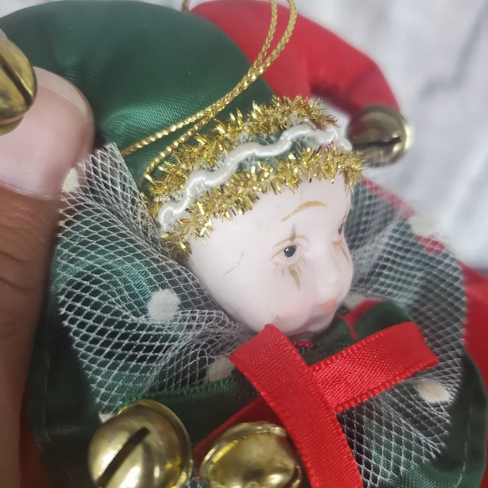 PORCELAIN FACE SATIN COURT JESTER CHRISTMAS ORNAMENT BELLS HANDPAINTED 3